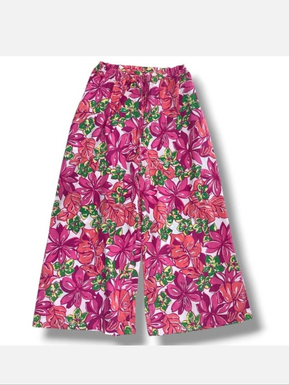 Lilly Pulitzer White Tag Tropical Floral Cotton Palazzo Pants Pink Wide Leg L
